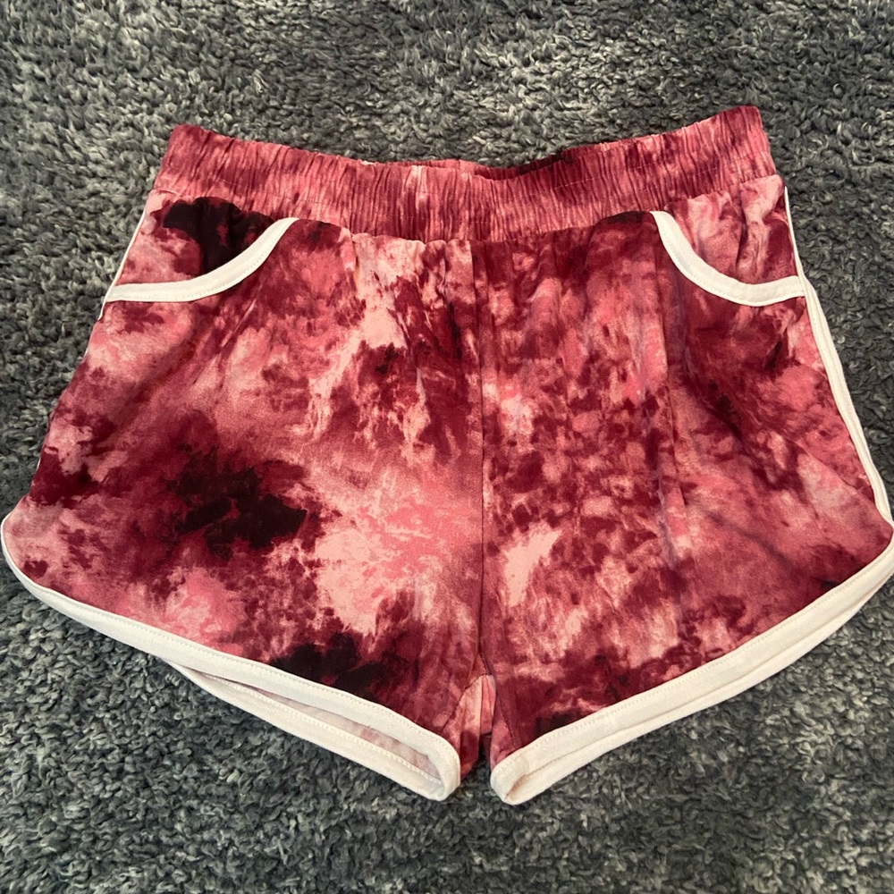 Girl’s Tie-Dye Burgundy Athletic Dolphin Shorts with White Trim